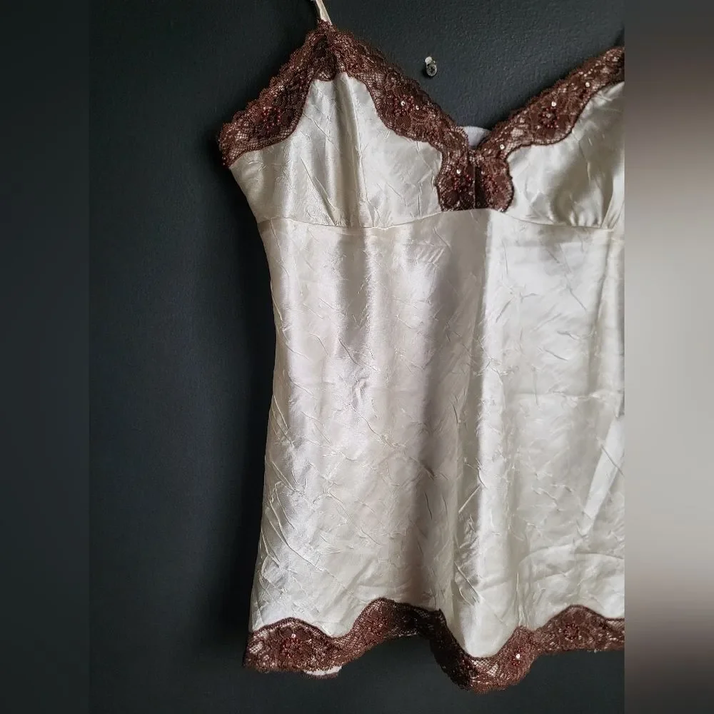 Y2k Babydoll Lace Trim Tank Cami Polyester Cream Sz L No boundaries